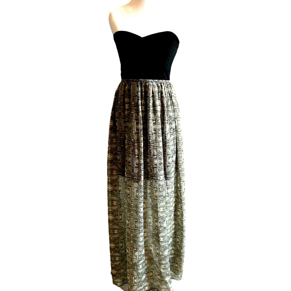 ROXY SHEER Maxi Dress M Babydoll Strapless Boho Black Beachy Y2K SMOCKED TOP